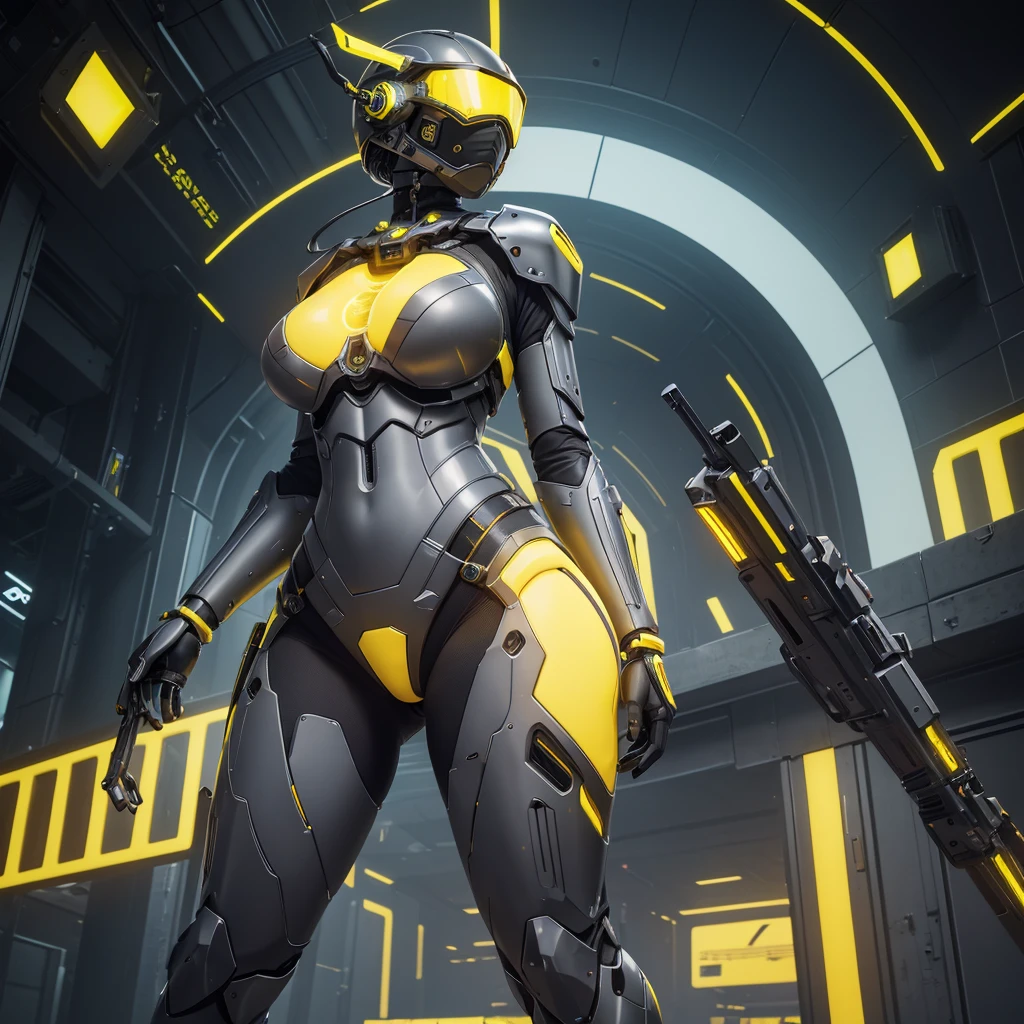 (masterpiece), (best quality), (high res) Solo, (perfect anatomy) Dronificated unknown woman , (enclosed gray full body armor) (yellow lights) (yellow glowing core in the chest), (enclosed cyber helmet), (yellow screen), huge breast, narrow waist, wide hips and thick thigs,(no face) no face, no hair, no mouth, no eyes, in a futuristic mall, with guns
