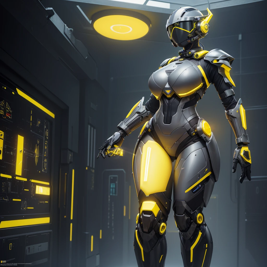 (masterpiece), (best quality), (high res) Solo, (perfect anatomy) Dronificated unknown woman , (enclosed gray full body armor) (yellow lights) (yellow glowing core in the chest), (enclosed cyber helmet), (yellow screen), huge breast, narrow waist, wide hips and thick thigs,(no face) no face, no hair, no mouth, no eyes, in a futuristic mall, with guns
