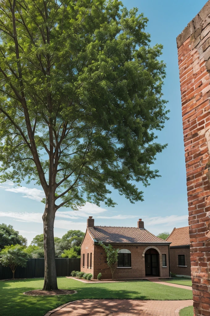 The image captures a serene outdoor scene, featuring a leafless tree and a brick wall, set against a backdrop of a clear blue sky and lush green trees.