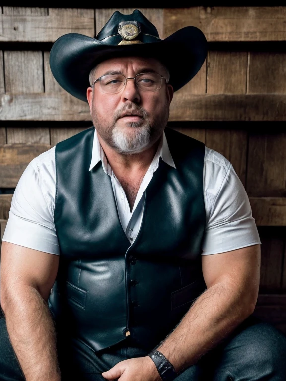 Only plump, chubby, extremely thick thighs, large belly, fat, masutepiece,High quality,Highly detailed,intense scene, solid, Gritty reality setting for 50 year old sexy fat bearded man,full of sweat,Full body,Big belly,((Wearing a boots,stubble,police chief,bage,beard,old man,indoors,neck)),Stunned face,Open the legs,In the darkness, Varied Camera Angles in Photography. , vintage posing, full body, black bootstraps and lace underwear, various poses, HD 8k high quality, gay, black leather gloves on hands.(from the front), cowboy shot, n as a sheriff of a small town, ( cattleman hat, bearded, beige vest, serious facial expression, (still from a movie), tense, dramatic, atmospheric, cinematic, (looking away),
(masterpiece), top quality, photorealistic, hyperrealism, absurdres, tack sharp, subsurface scattering, 8k, HDR, 35mm, professional photography, RAW, Varied camera angles from below , fotografia de baixo lateral esquerda. Sentado em uma luxuosa poltrona, com as pernas abertas, caressing your own ??????, he has his hands tied behind his back he is sitting on the floor he is very scared he is sweating a lot, the room is listening, he is looking up. Camera angle from above the wall.Ele tem uma barba enorme, He works as pl, formal shoes, prescription glasses, ele fuma o seu charuto cubano, He is sitting with his legs open , he is sitting on iron beams, ele fuma Seu charuto, , He is gesturing and talking to the viewer with his hands, , muito peludo, peitorais grandes e carnudos, regata, Generate an image of a middle-aged man facing the camera. He has a friendly and expressive appearance. His size is fat and overweight, sofre de obesidade e, Like many of us, he's a guy