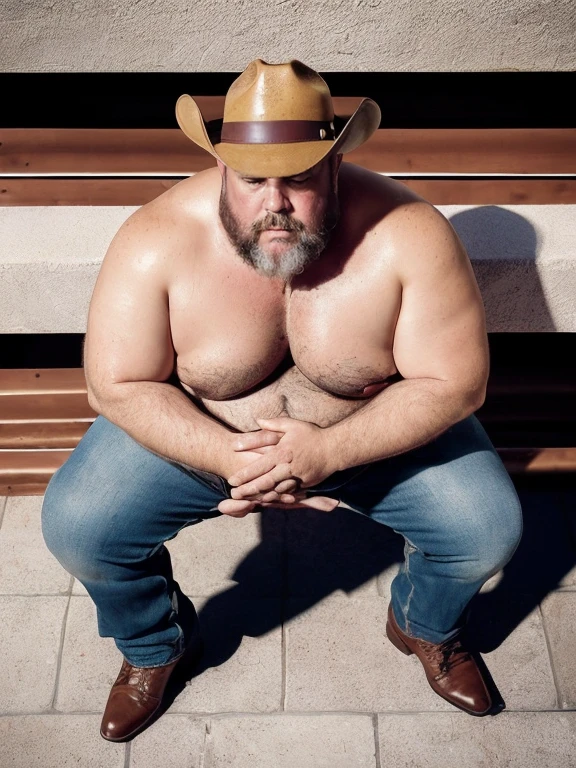 Only plump, chubby, extremely thick thighs, large belly, fat, masutepiece,High quality,Highly detailed,intense scene, solid, Gritty reality setting for 50 year old sexy fat bearded man,full of sweat,Full body,Big belly,((Wearing a boots,stubble,police chief,bage,beard,old man,indoors,neck)),Stunned face,Open the legs,In the darkness, Varied Camera Angles in Photography.    , vintage posing, full body, black bootstraps and lace underwear, various poses, HD 8k high quality, gay, black leather gloves on hands.(from the front), cowboy shot, n as a sheriff of a small town, ( cattleman hat, bearded, beige vest, serious facial expression, (still from a movie), tense, dramatic, atmospheric, cinematic, (looking away),
(masterpiece), top quality, photorealistic, hyperrealism, absurdres, tack sharp, subsurface scattering, 8k, HDR, 35mm, professional photography, RAW, Varied camera angles from below , fotografia de baixo lateral esquerda. Sentado em uma luxuosa poltrona, com as pernas abertas, caressing your own crotch, he has his hands tied behind his back he is sitting on the floor he is very scared he is sweating a lot, the room is listening, he is looking up. Camera angle from above the wall.Ele tem uma barba enorme, He works as pl, formal shoes, prescription glasses, ele fuma o seu charuto cubano, He is sitting with his legs open , he is sitting on iron beams, ele fuma Seu charuto, , He is gesturing and talking to the viewer with his hands, , muito peludo, peitorais grandes e carnudos, regata, Generate an image of a middle-aged man facing the camera. He has a friendly and expressive appearance. His size is fat and overweight, sofre de obesidade e, Like many of us, he's a guy