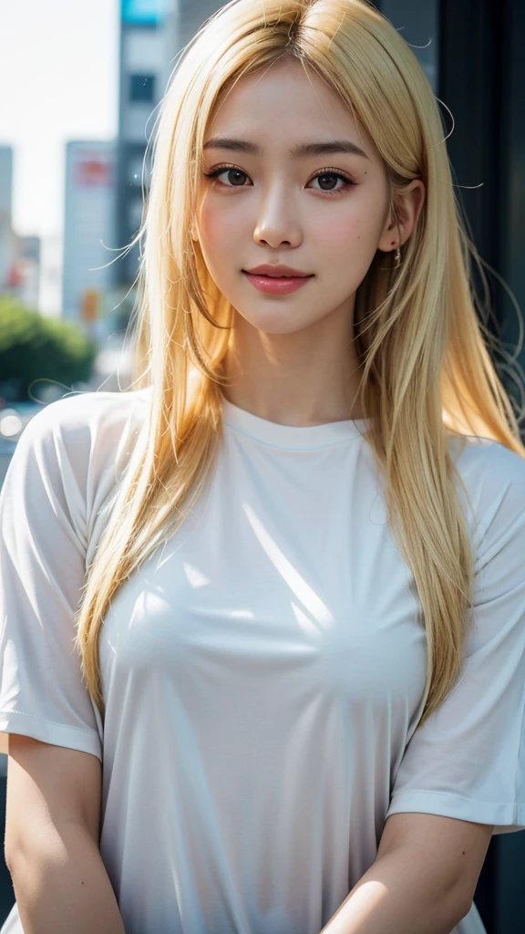 full body shot(8k, photorealistic, RAW photo, highest quality), transparent clarity, Japanese woman, brightest blonde hair, medium-length hair, heavy makeup, light eyebrows, young person's clothing, modest attire, T-shirt, extremely detailed face, double eyelids, sharp focus, beautiful woman, highest quality, masterpiece, ultra-high resolution, (photorealistic), very detailed and professionally lit smile, thin, serious expression, Shibuya, intersection, looking straight ahead, gold-colored contact lenses, ultra-high-definition photo, (beautiful facial details, detailed skin texture, ultra-detailed body)