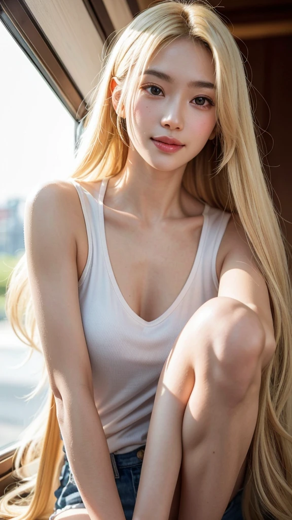 full body shot(8k, photorealistic, RAW photo, highest quality), transparent clarity, Japanese woman, brightest blonde hair, medium-length hair, heavy makeup, light eyebrows, young person's clothing, modest attire, T-shirt, extremely detailed face, double eyelids, sharp focus, beautiful woman, highest quality, masterpiece, ultra-high resolution, (photorealistic), very detailed and professionally lit smile, thin, serious expression, Shibuya, intersection, looking straight ahead, gold-colored contact lenses, ultra-high-definition photo, (beautiful facial details, detailed skin texture, ultra-detailed body)