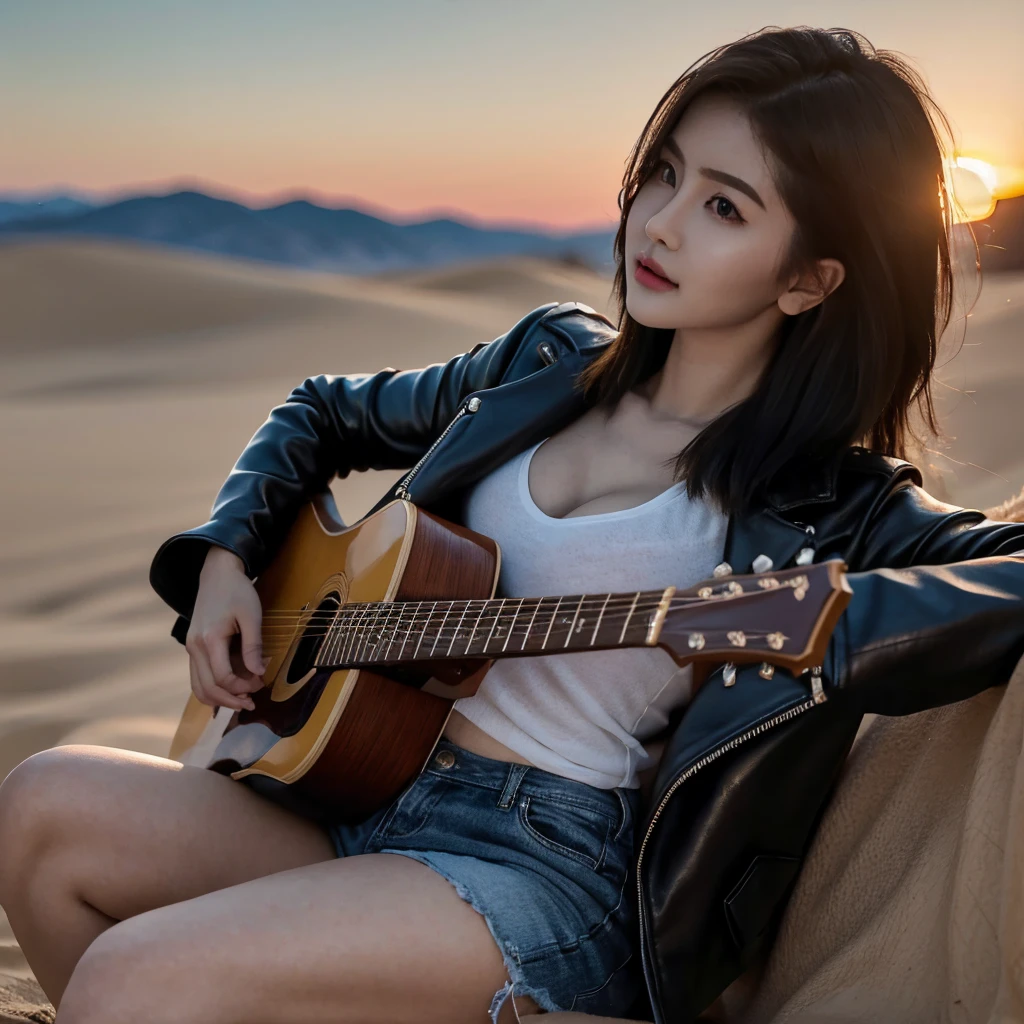 8k, top-quality, （pubic hair beauty）、hight resolution, lifelike, realperson, cinematic lighting soft lighting、A musician wearing a leather jacket is sitting and glaring at me.、a beauty girl、huge tit、beauty legs、guitar, sitting on a huge dessert dune valley at sunset,