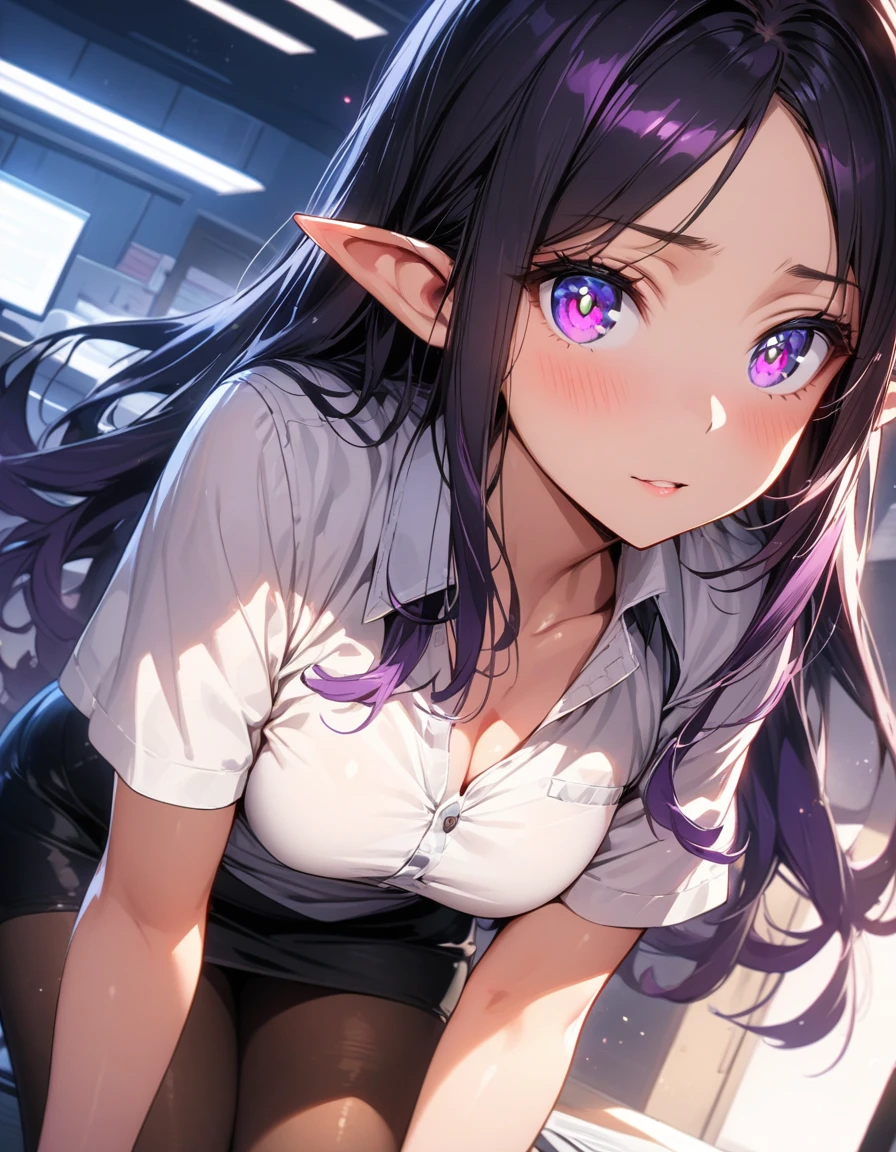 ((highest quality, best quality, masterpiece, ultra high definition, high dynamic range, ultra high resolution)), ((ultra-detailed illustrations:1.2)), 1 girl, solo, anime style, dynamic lighting, dynamic angle, looking at viewer, indoor, office, (beautiful detailed face, beautiful detailed skin, shiny skin, pointed ears, mid-chest), (beautiful detailed hair, parted bangs, long hair, black hair, dark purple hair, multi colored hair), (beautiful detailed eyes, beautiful detailed pupils, violet eyes), (white shirt, collared shirt, short sleeves, black mini skirt, pantyhose)