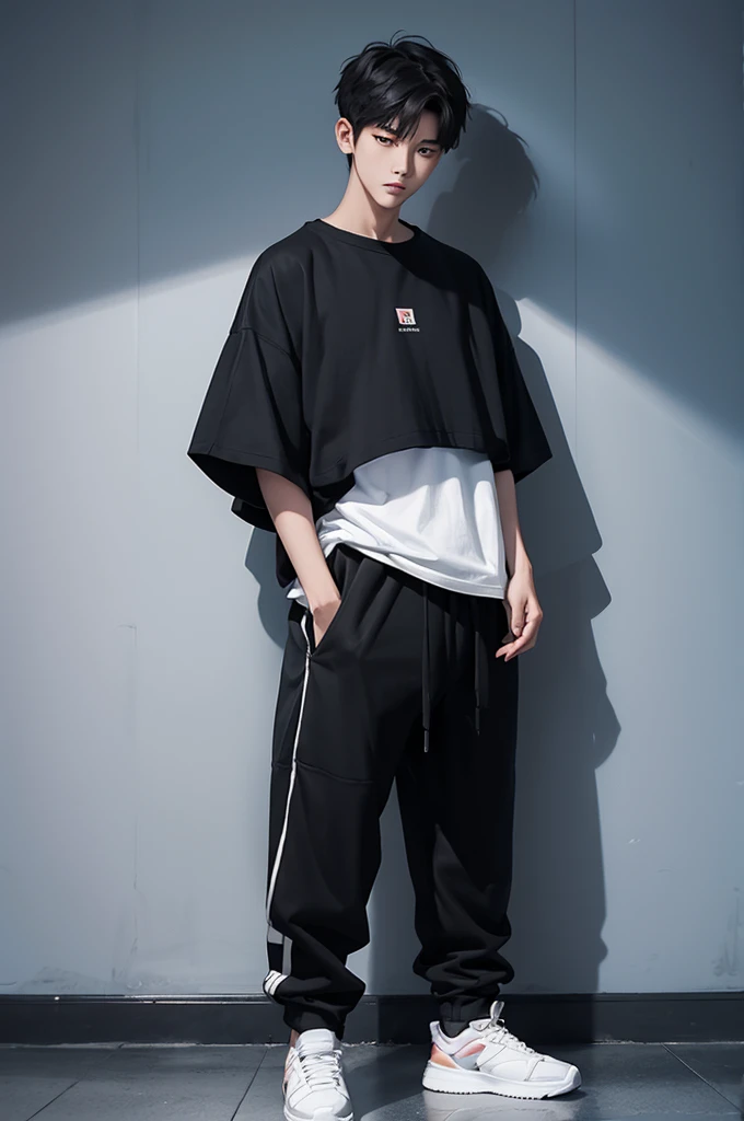Korean young men, slim. wearing oversize blie T shirt then black jogger pants, full body, black short cut,