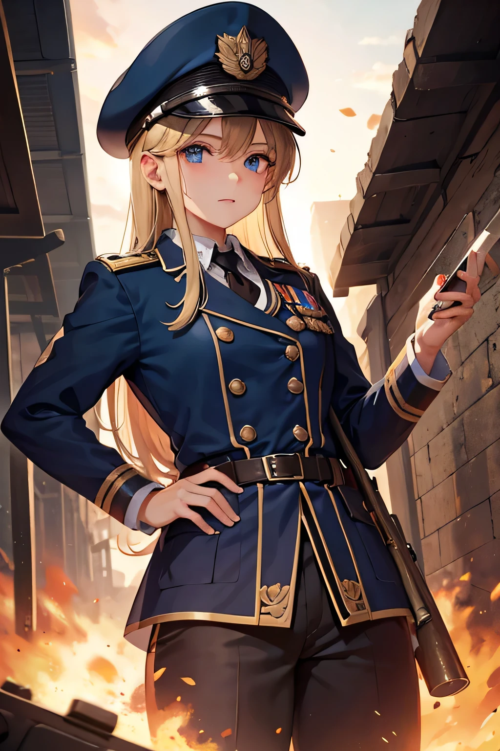 A girl in military uniform, ************, a veteran officer, commanding an army, uniform stained with gunpowder and oil fumes, medals, fierce look, unkempt blond hair, 18th century French army