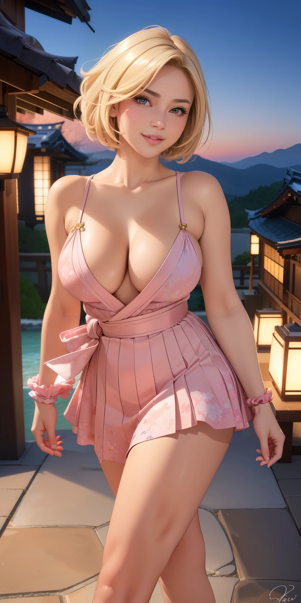 (best quality, ultra-detailed, photorealistic: 1.39), bright and vibrant colors, studio lighting, romantic expression, masterpiece, best quality1girl, solo, light blonder hair, very short hair, pink eyes, hair scrunchie, looking at viewer, lips, shy smile, cowboy shot, pantyhose, night (japanese style), stylish makeup, jean mini skirt,hair flowing in the windcleavage, adult woman face, medium and round breasts, luxury resort,  sensual and stylish pose, walking at the resort, creating a dreamy and magical atmosphere.