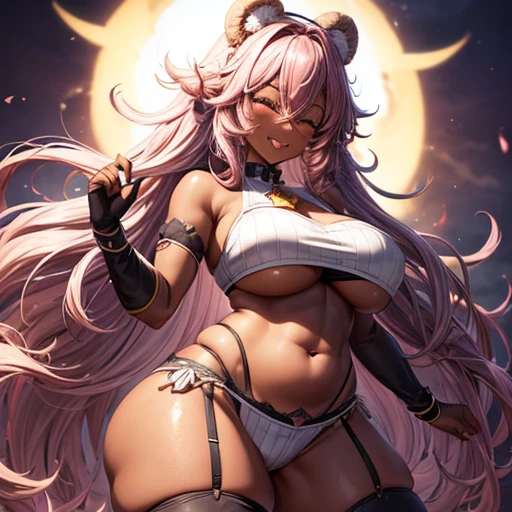 ((((1girl)))), pink hair, ahoge, (curly hair), ((very long hair)), ((half-closed eyes)), bear ears, (((fang))), ((((((dark skin)))))), ((huge breasts)), ((brown eyes)), (thick thighs), ((thick lips)), ((wide hips)), (thighhighs), ((lace)), ((crop-top)), ((leg warmers)), ((plump lips)), ((long eyelashes)), super detailed, ((cleavage)), ((best quality)), highres, UHD, textured skin,