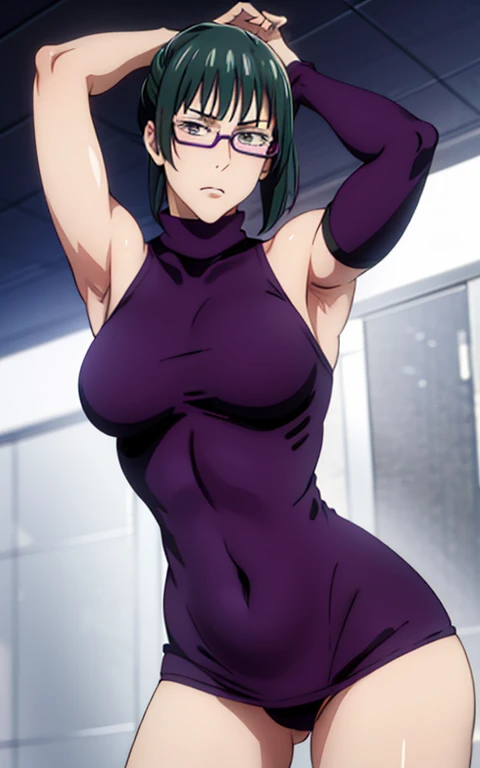 Maki Zenin, purple turtleneck, curved, dark green hair, well proportioned, muscular, large thighs, medium chest, purple glasses, office background, arms up, armpits visible