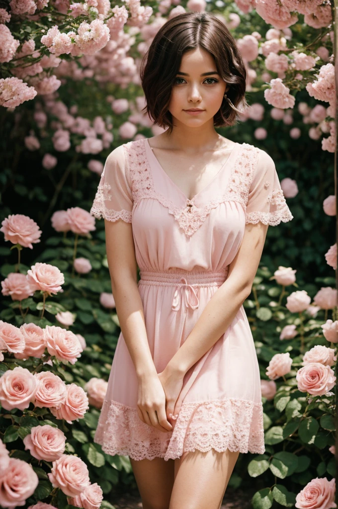 8k, foto en bruto, fujifilm, Style photography of a beautiful young girl like Avril in a light pink rose garden. (piel muy detallada: 1.2) Style-Petal BREAK short hair, cabello rubio con mechones de colores, usando un vestido, film grain, 35mm, lindo estilo