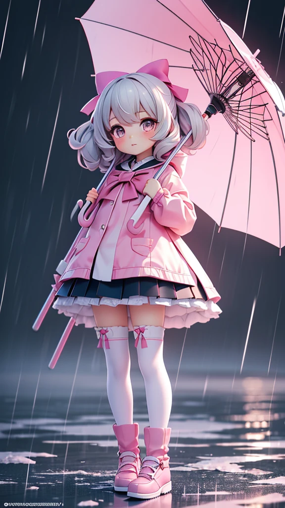 ((bishojo)), ((jk, girl)), ((puffy eyes)), (masterpiece), (top quality), (hyper detailed), (exquisite), (8k), (depth), (crisp), (beautiful and aesthetic), (super detailed skin), (high standard), (high resolution), (perfect anatomy), (realistic), (full body), (knee socks), (pink cheek), (underdressed), (bow in hair), (piercing), (outside), (with rain, umbrella)