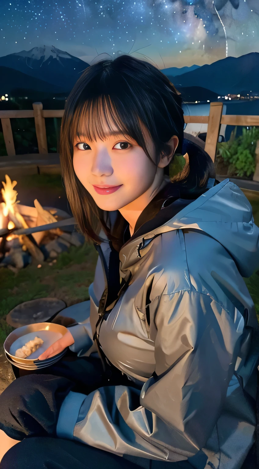 (Highest quality,8k,masterpiece:1.3,),(Ultra-high resolution,Photorealistic:1.4,Raw photo),(Ultra-detailed,Glowing Skin,Delicate skin),(Detailed face,Perfect Anatomy,Caustics),(Little girl sitting around a campfire in the mountains),cute,18-year-old,Japanese,Japanese Ido,smile,Looking down at the camera,Black-haired,Short Ponytail,Large Breasts,(Hooded parka),Long trousers,Late at night,(Star-filled night sky),(Close-up of a bonfire:1.1),Low position,Low angle,