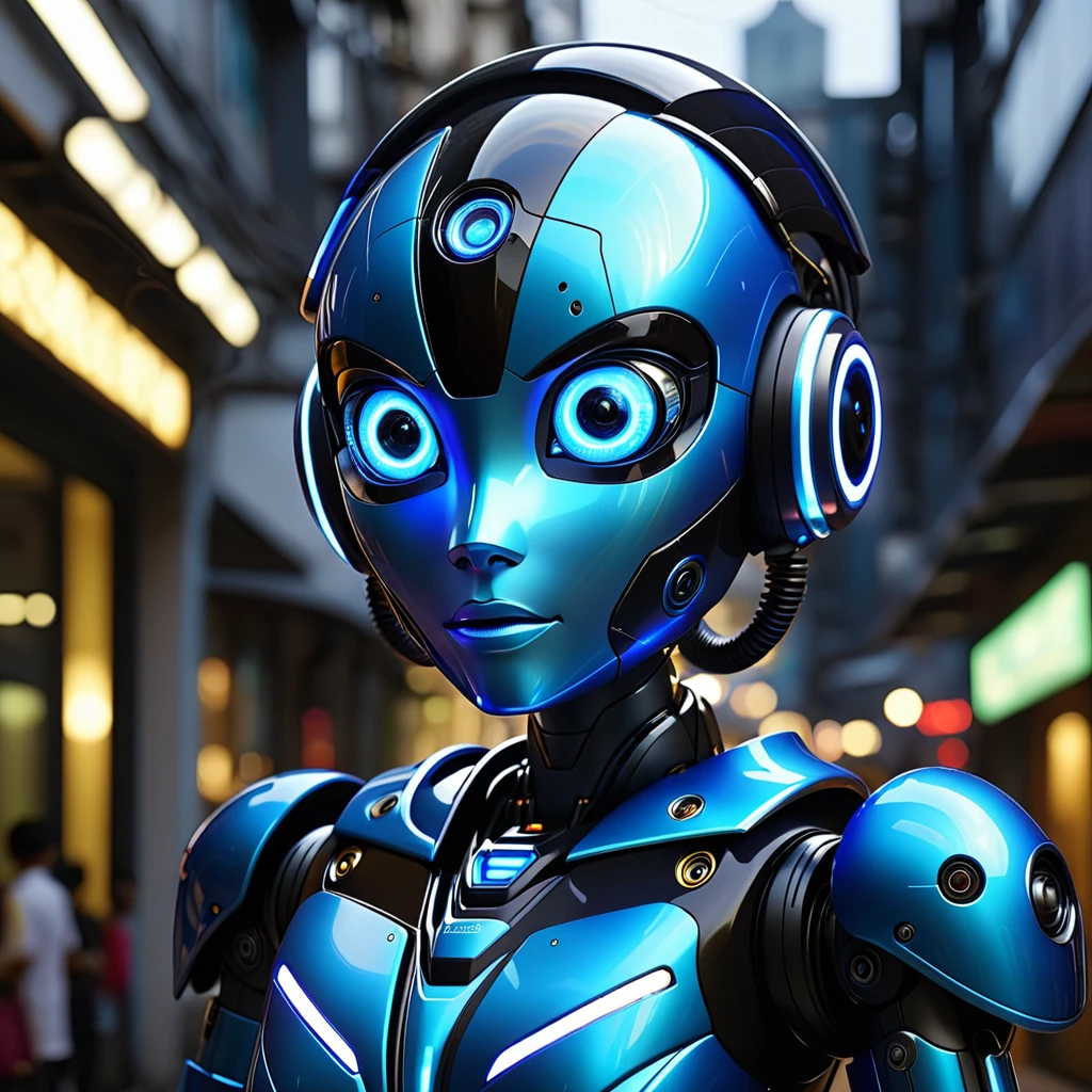 dua puluh robot biru berkumpul di ruangan futuristic bernuansa gelap, terdapat lampu gantung berwarna biru dan hitam di atas
