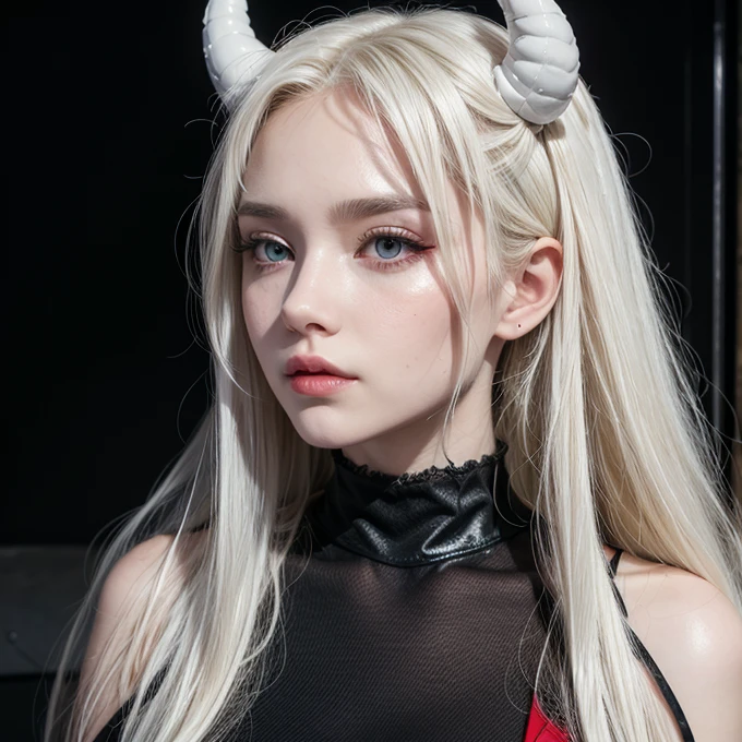 Woman, long horns, curly white hair, red eyes,black dress