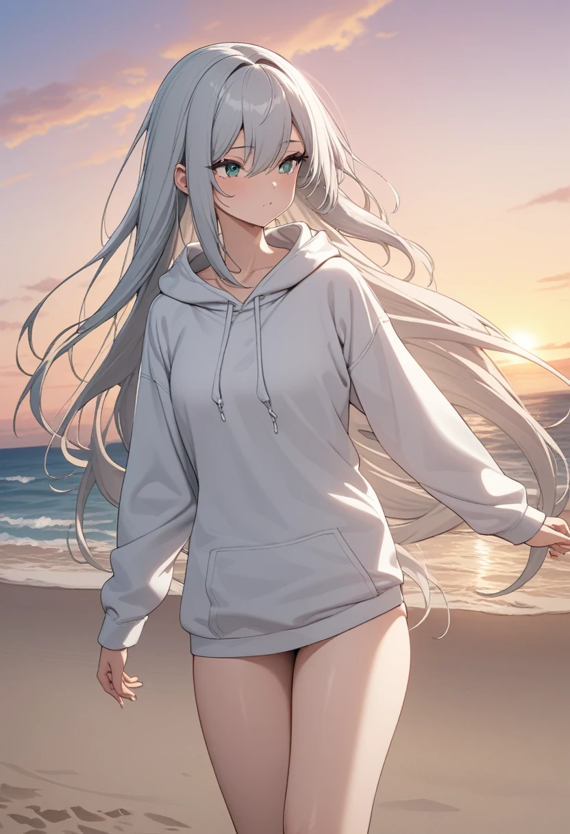 ((masterpiece)), (Highest quality), (Simple style),Silver hair, straight long hair, jade eyes, naked, sea, early morning, hair blowing in the wind, thighs, white hoodie(Long Length)