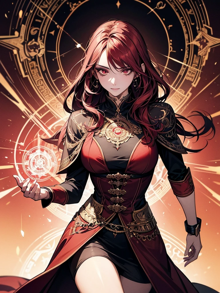1 adult woman, depicted painting, tattoo, (cinematic), elaborate, magical power, detailed magic circle, vibrant red color,
