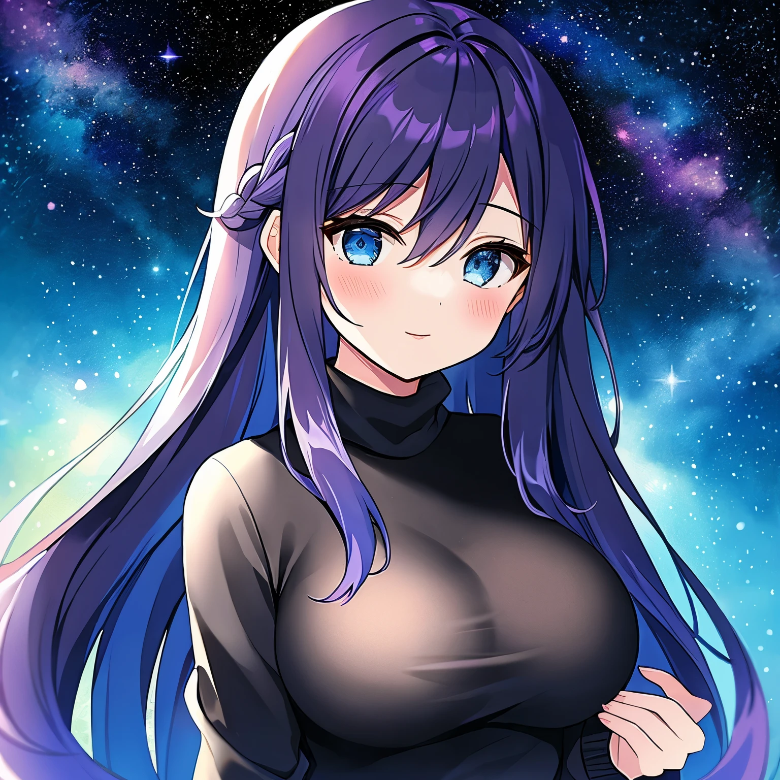 ((best quality)), ((masterpiece)), (detailed), 1girl, off-breasts black sweater, purple hair, blue eyes, galaxy background