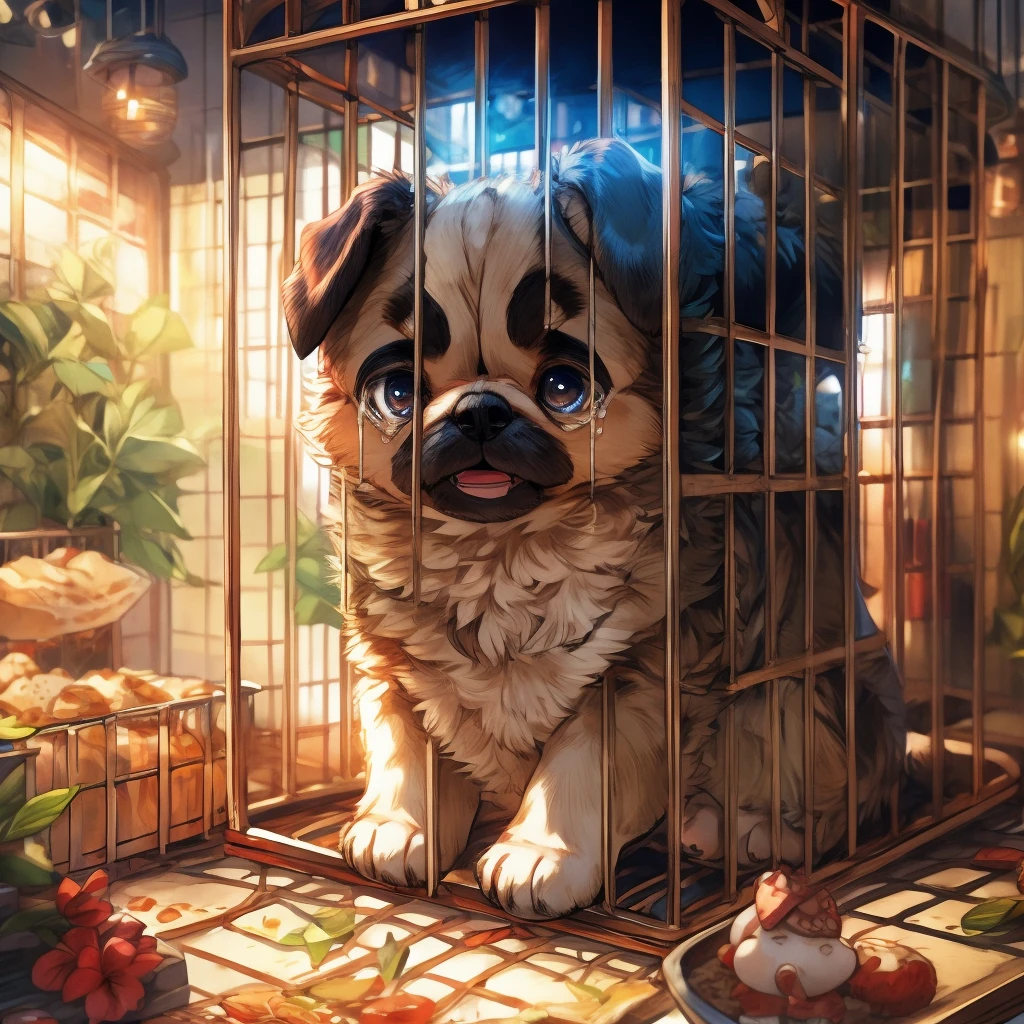 Pug dog puppy、Inside the pet shop、Crying in a cage、Sad expression