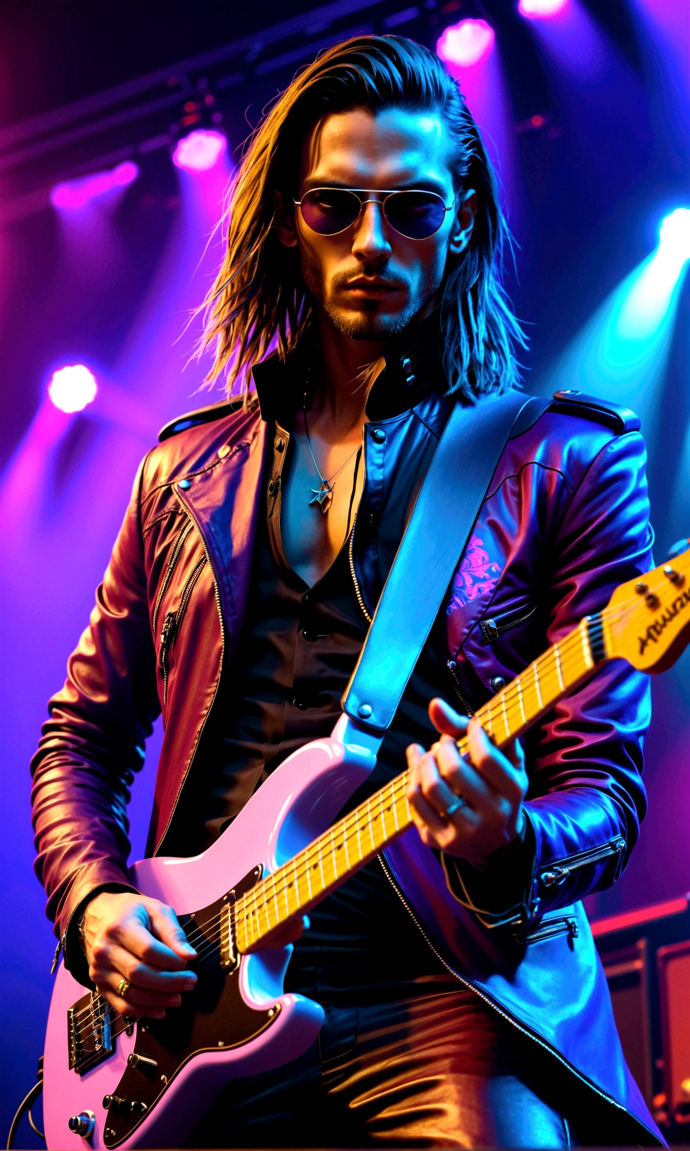 cyberpunk style rockstar guitarist performing on stage, masculine, band, detailed facial features, lovely, detaillierte Augen, beautiful detailed lips, extrem detailliertes Gesicht, lange Haare, Lederjacke, elektrische Gitarre, on stage, Neonlichter, Science-Fiction-Stadtbild-Hintergrund, dramatische Beleuchtung, filmisch, stimmungsvolle Farben, dark blue and purple tones, hyperrealistisch, fotorealistisch, 8k, best quality, Meisterwerk