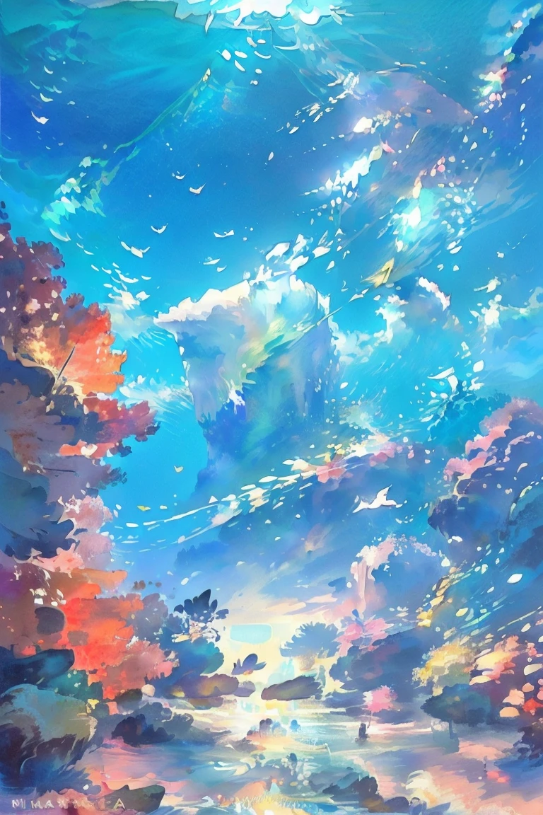 ((masterpiece, highest quality)), breathtaking underwater landscape, seen from the perspective of a diver, colorful corals and a gracefully swimming sea turtle, the water shimmering with light, creating a calming and beautiful environment.