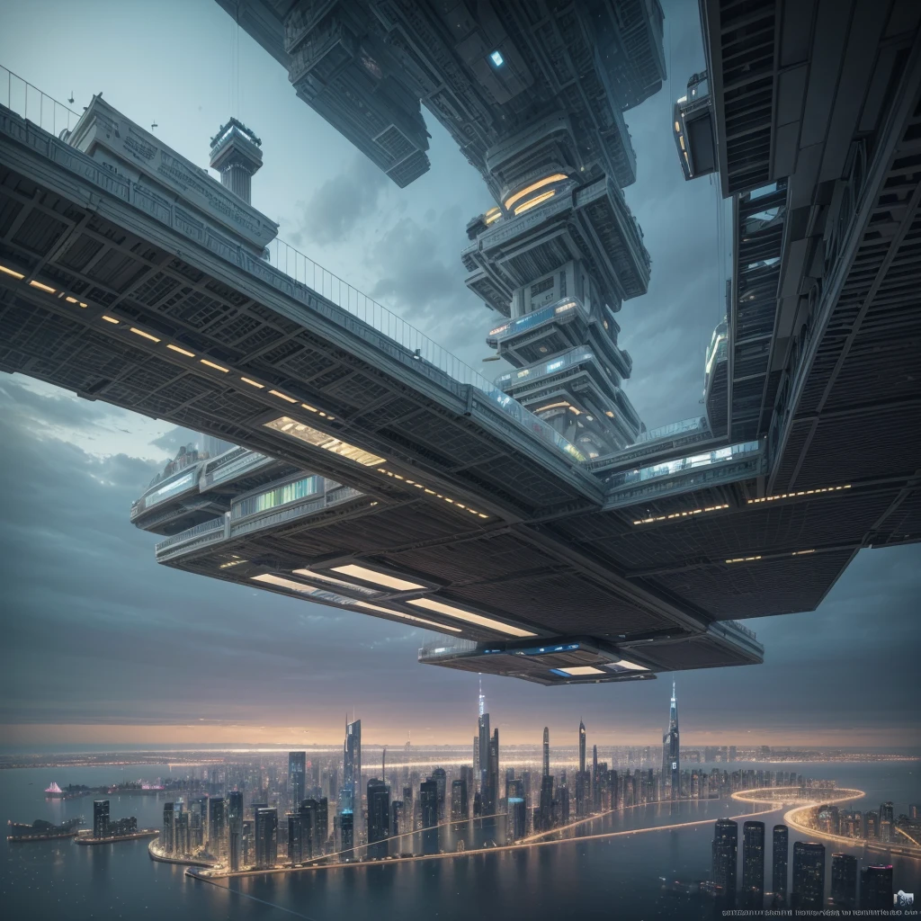 Crea obras de arte hiperrealistas futuristas., Imagina una ciudad flotante en el cielo., with complex architectural structures and advanced technology. Pinta esta ciudad futurista con todo lujo de detalles, capturando las luces brillantes, suspended platforms and flying vehicles that take to the skies.