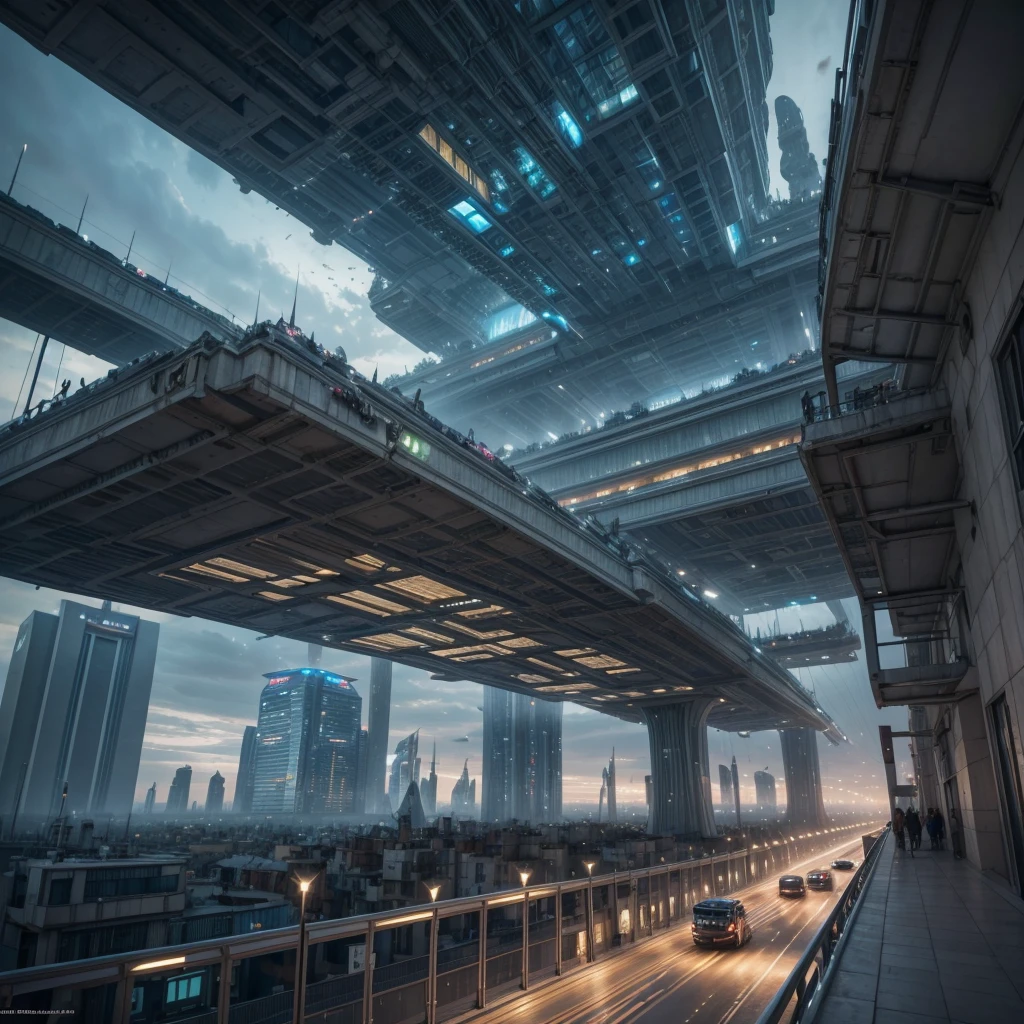 Crea obras de arte hiperrealistas futuristas., Imagina una ciudad flotante en el cielo., with complex architectural structures and advanced technology. Pinta esta ciudad futurista con todo lujo de detalles, capturando las luces brillantes, suspended platforms and flying vehicles that take to the skies.