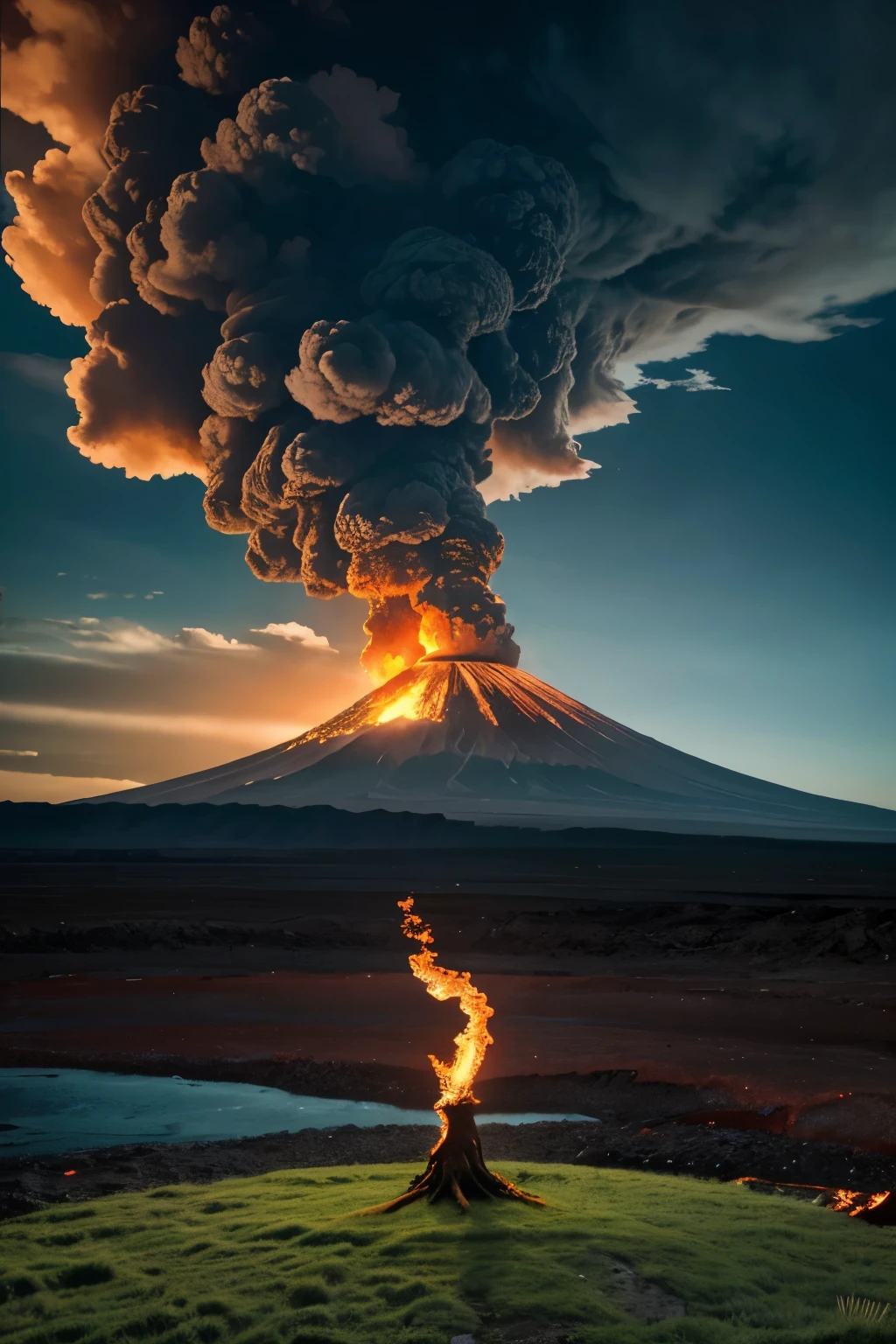 Create an image of a massive, erupting volcano with molten lava flowing down its sides and ash clouds billowing into the sky, signaling the end of the world. In the foreground, a small, hopeful  stands alone, gazing at a single, vibrant green tree that symbolizes new life and hope amidst the chaos. The scene is highly detailed and realistic, capturing the contrast between the devastating power of nature and the resilience of hope.