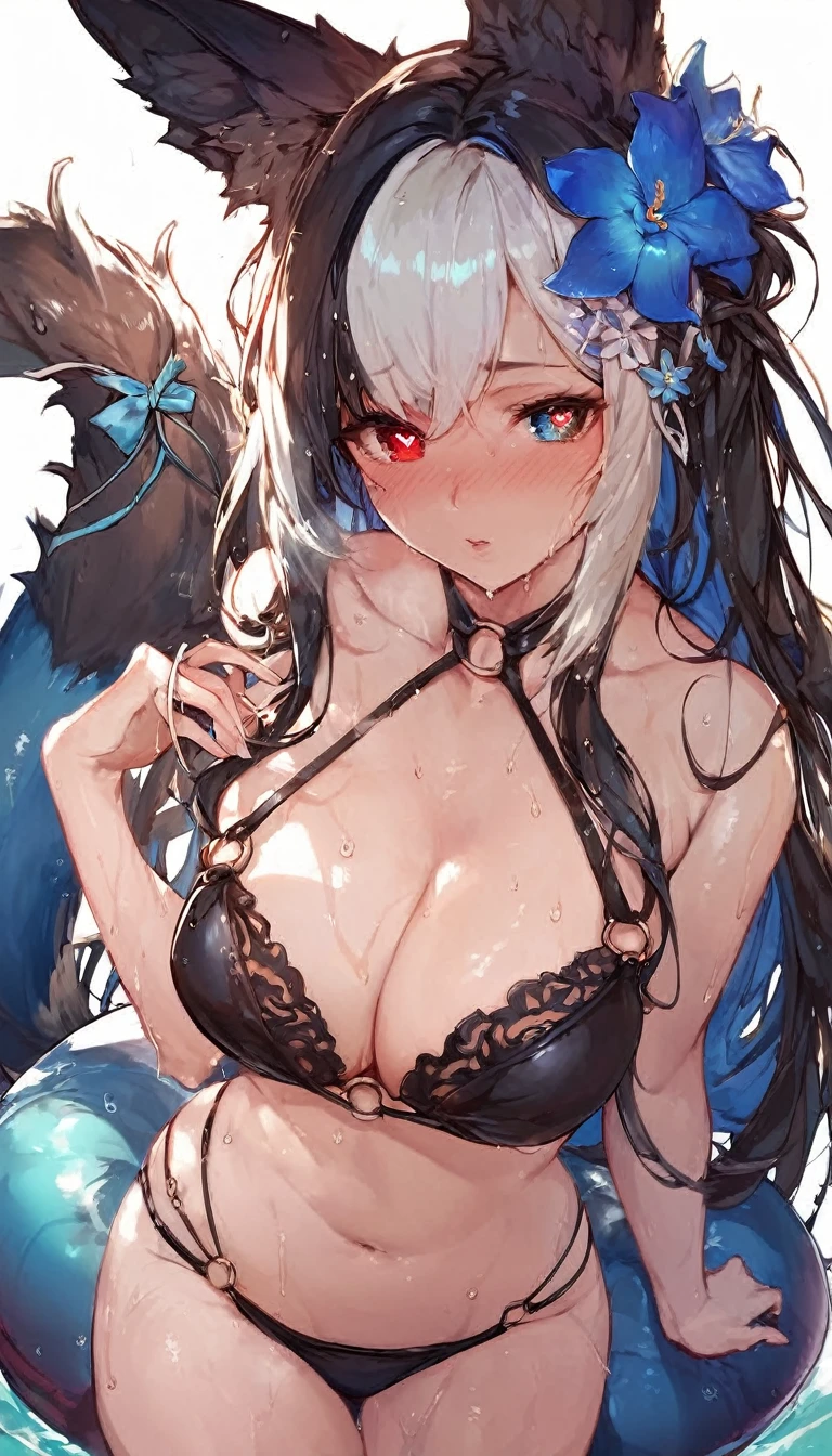 score_9, score_8_superior, score_7_superior, score_6_superior,a drawing of a woman that is dressed into lingerie and has wet hair, 1girl, animal ears, breasts, solo, long hair, navel, blush, heterochromia, swimsuit, bikini, flower, hair ornament, blue flower, hair flower, tail, sweat, heart, white background, multicolored hair, symbol-shaped pupils, red eyes, o-ring, simple background, cleavage