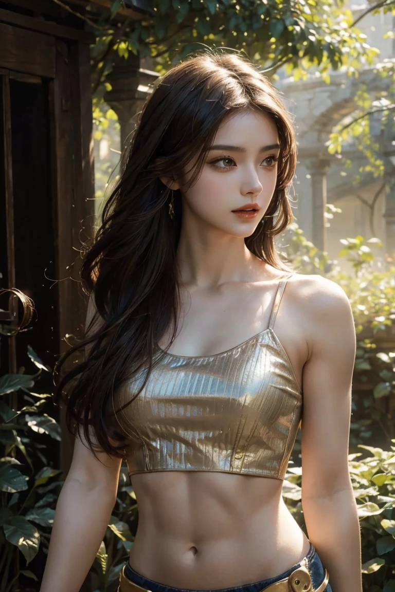 a beautiful young girl wearing a crop top, abs, seductive midriff, detailed facial features, long flowing hair, outdoor garden scene, natural lighting, vibrant colors, highly detailed, photorealistic, 8k, cinematic, dramatic lighting, fantasy, elegant, graceful