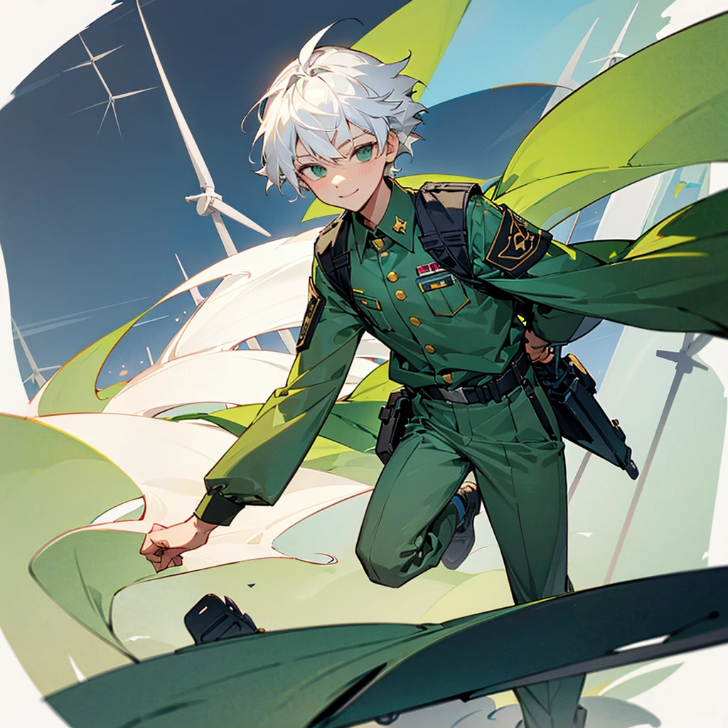 1 young boy aged 14,white hair,Not wearing a shirt,Wear military pants,Green figure,Use wind power,smile