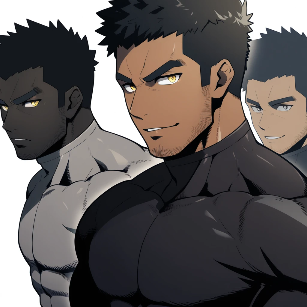 one negro, anime characters:Gyee, Hibino Kafka, One Muscle Sports Student, negro black skin, Very Black, muscular tough guy, Manliness, male focus, Grey long sleeve turtleneck tight t-shirt, Regular symmetrical pattern, Very tight, muscular male, muscular, only, Upper body, alone, Black short hair, Thick eyebrows, stubble, Yellow eyes, White background, simple background, amazing quality, best aesthetics, Ridiculous, bright pupils, crew cut, parted lips, seductive smile, torogao, naughty face, best quality