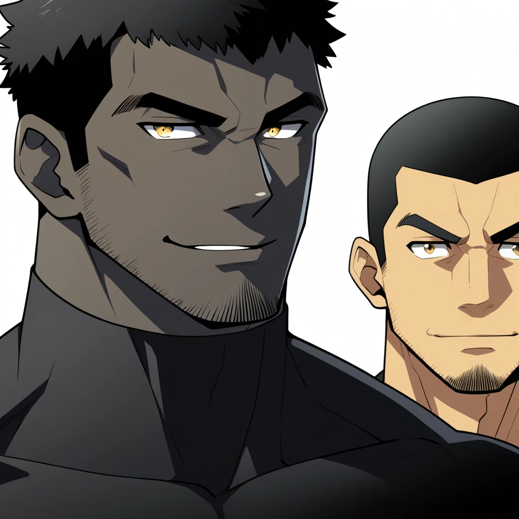one negro, anime characters：Gyee, Hibino Kafka, One Muscle Sports Student, negro black skin, Very Black, muscular tough guy, Manliness, male focus, Grey long sleeve turtleneck tight t-shirt, Regular symmetrical pattern, Very tight, muscular male, muscular, only, Upper body, alone, Black short hair, Thick eyebrows, stubble, Yellow eyes, White background, simple background, amazing quality, best aesthetics, Ridiculous, bright pupils, crew cut, parted lips, seductive smile, torogao, naughty face, best quality