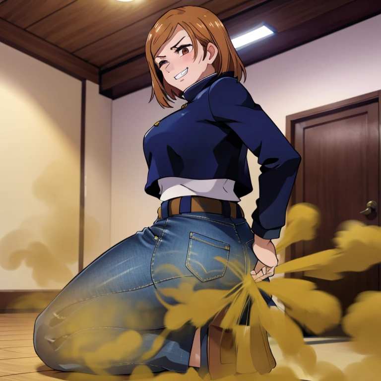 HD, high quality, high resolution, ultrahd, Nobara Kugisaki, 1female, wearing default outfit, dark blue hoodie, white pants, default hair, brown hair, very tall body, thin body, massive fart, yellow smoke, velocity, 1 eye closed, 1 eye opened, forcing, struggling, struggle face, blush leaning, viewing ass, embarrassed, smiling, clenching teeth, alone in a room, beautiful lighting, highlights