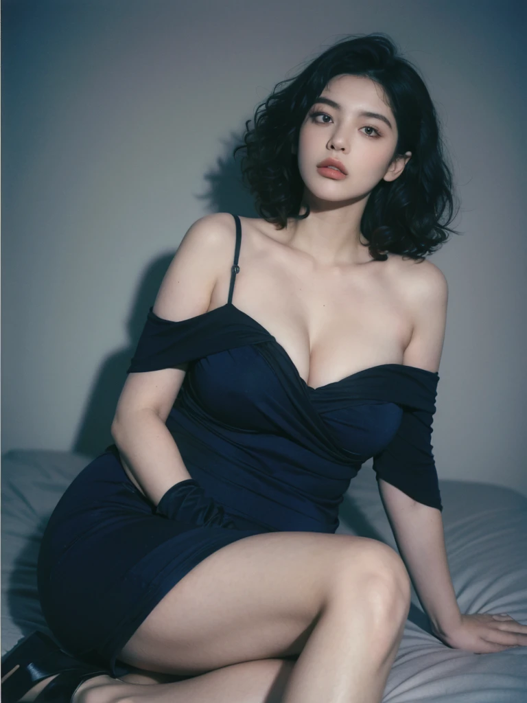 a 20 yo, (curly bob hair), black night glown, off-shoulders, show , dark theme, soothing tones, muted colors, high contrast, (natural skin texture, hyperrealism, soft light, sharp), retro poster as background, Dark Blue. ((Show big thigh, plump body)). Sitting on the bed. Closing mouth. Polaroid.  
