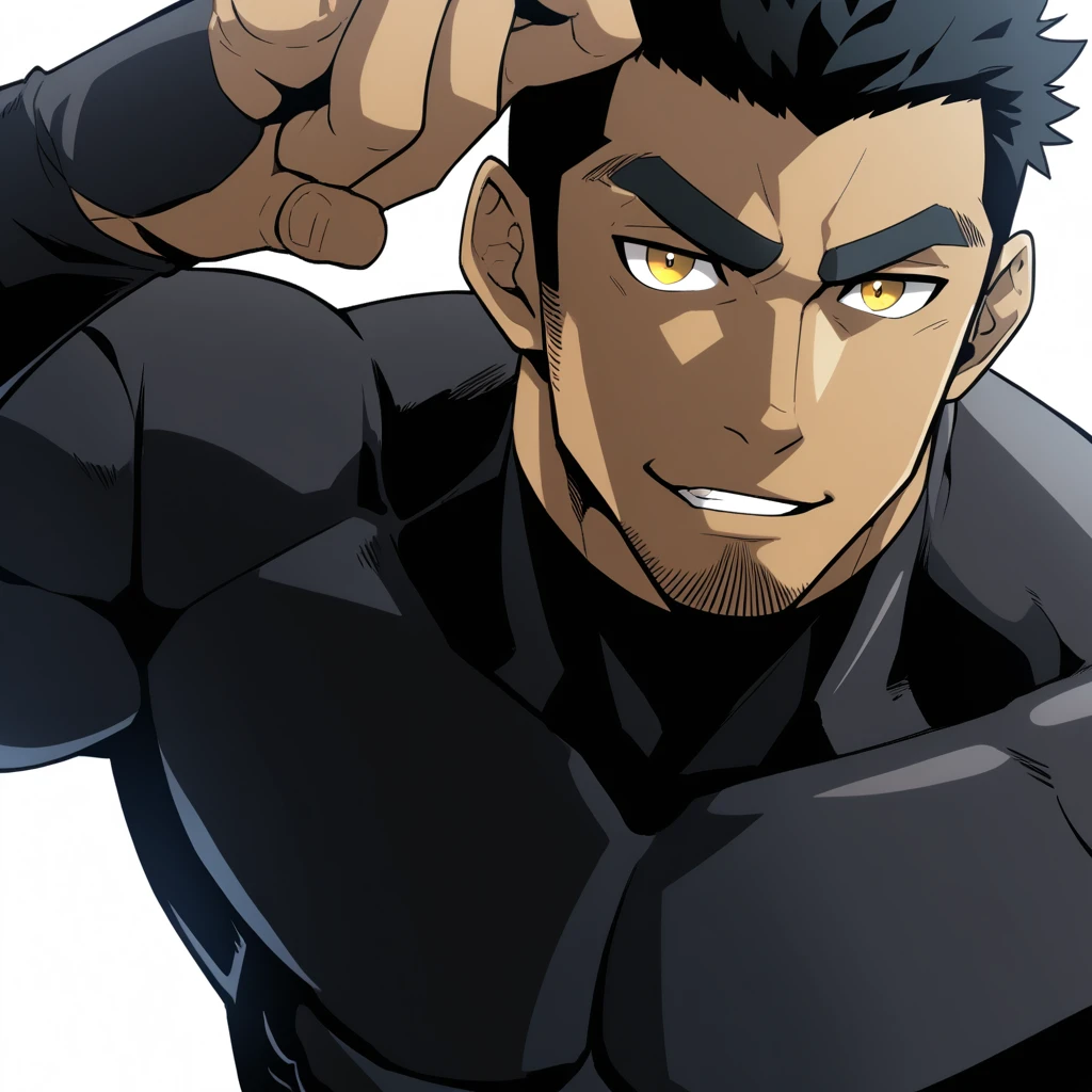 one negro, anime characters：Gyee, Hibino Kafka, One Muscle Sports Student, negro black skin, Very Black, muscular tough guy, Manliness, male focus, Grey long sleeve turtleneck tight t-shirt, Regular symmetrical pattern, Very tight, muscular male, muscular, only, Upper body, alone, Black short hair, Thick eyebrows, stubble, Yellow eyes, White background, simple background, amazing quality, best aesthetics, Ridiculous, bright pupils, crew cut, parted lips, seductive smile, torogao, naughty face, best quality