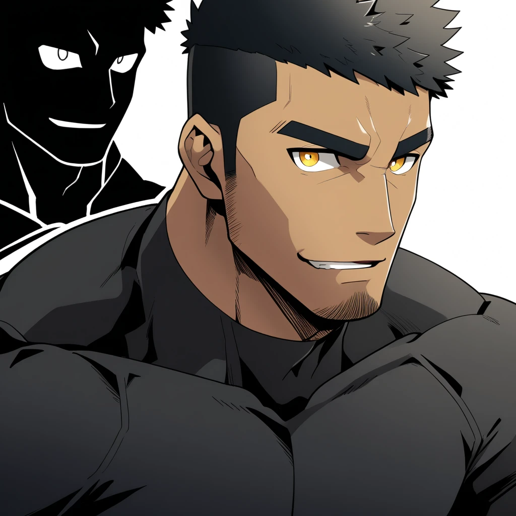 one negro, anime characters:Gyee, Hibino Kafka, One Muscle Sports Student, negro black skin, Very Black, muscular tough guy, Manliness, male focus, Grey long sleeve turtleneck tight t-shirt, Regular symmetrical pattern, Very tight, muscular male, muscular, only, Upper body, alone, Black short hair, Thick eyebrows, stubble, Yellow eyes, White background, simple background, amazing quality, best aesthetics, Ridiculous, bright pupils, crew cut, parted lips, seductive smile, torogao, naughty face, best quality