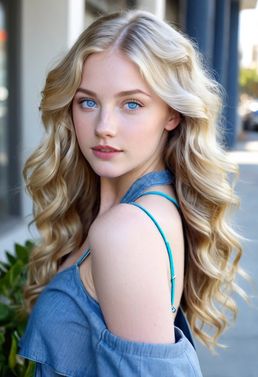 creates a 21-year-old girl, outside a building in Los Angeles Ca, with blonde hair, wavy hair, white skin, blue eyes, who is 1.50 cm tall,