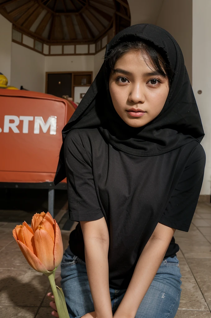 Cewek remaja berhijab 1 orang pakai kaos tulisan ara, cewek remaja 1 orang berhijab pakai kaos tulisan kiya, anak cewek pakai kaos tulisan faya, tertawa makan donat