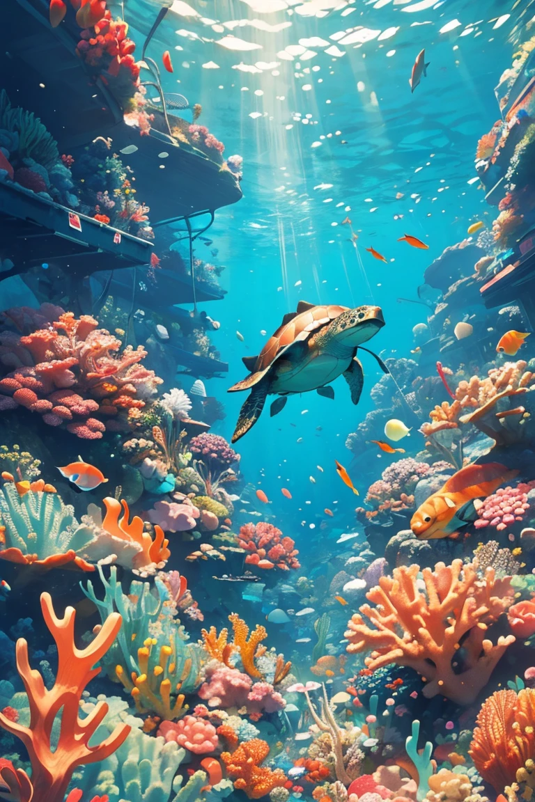 ((masterpiece, highest quality)), breathtaking underwater landscape, seen from the perspective of a diver, colorful corals and a gracefully swimming sea turtle, the water shimmering with light, creating a calming and beautiful environment.

