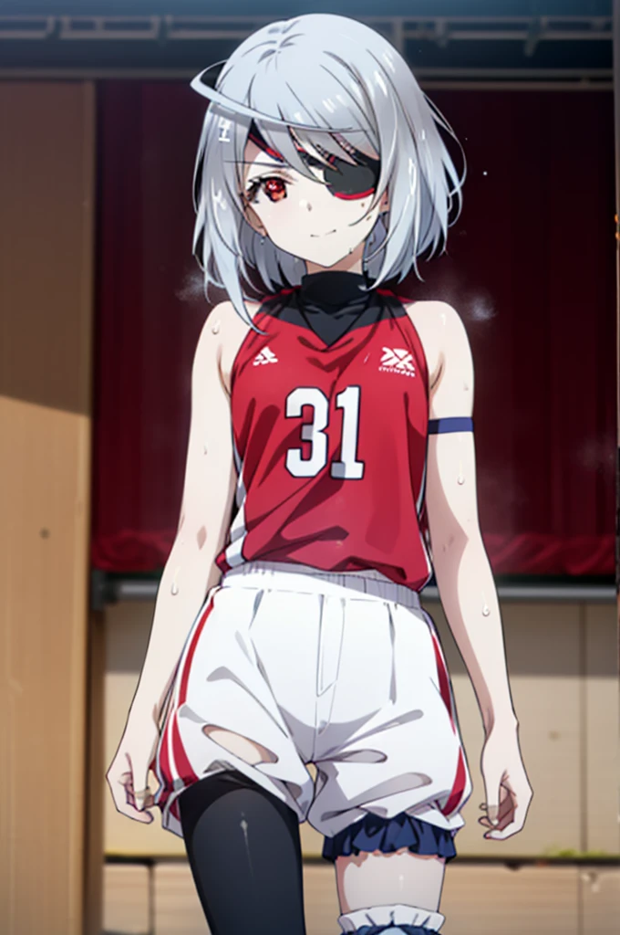 Laurabodewig, Laura Bodewig, Long Hair, (Red eyes:1.3), Grey Hair, Eye patch,smile,
break, (((Stained bloomers))), (Stained Volleyball Uniforms), Sleeveless volleyball uniform, (((Stained bloomers))), (Knee pads), (Elbow pads), (bare hands), ((Sweat)), ((covered in Sweat)), (breathe), Volleyball court, Ballet Shoes,whole bodyがイラストに入るように,
break indoors, gym,
break looking at viewer,whole body, (Cowboy Shot:1.5),
break (masterpiece:1.2), Highest quality, High resolution, unity 8k wallpaper, (figure:0.8), (Beautiful attention to detail:1.6), Highly detailed face, Perfect lighting, Highly detailed CG, (Perfect hands, Perfect Anatomy),