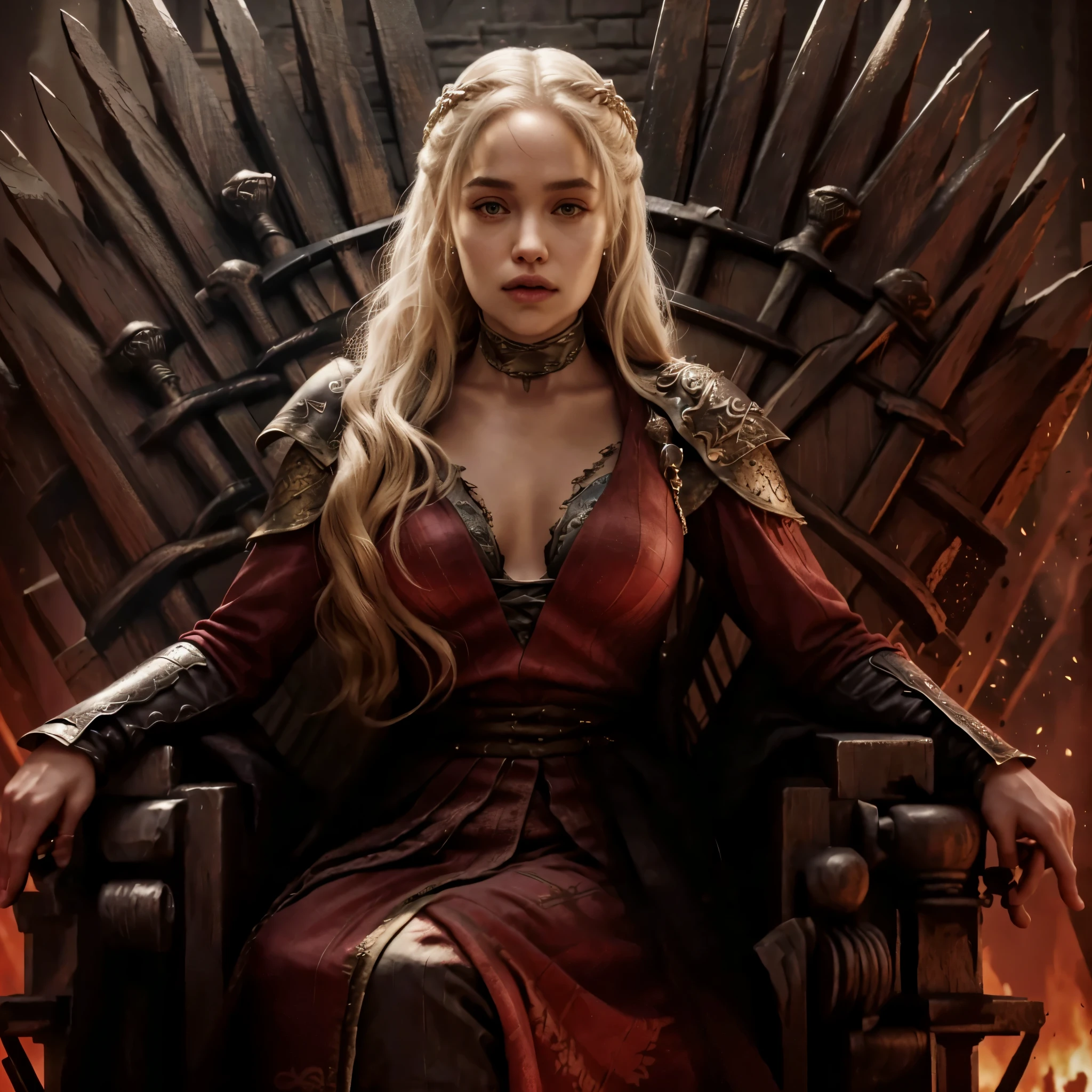 a woman sitting on a throne with swords in her hand, from of thrones, style of game of thrones, games of thrones, fame of thrones, daenerys, game of thrones, targaryen, game of thrones style, iron throne from game of thrones, sitting on the iron throne, on her throne, iron throne, the iron throne, high resolution, high quality, 4K