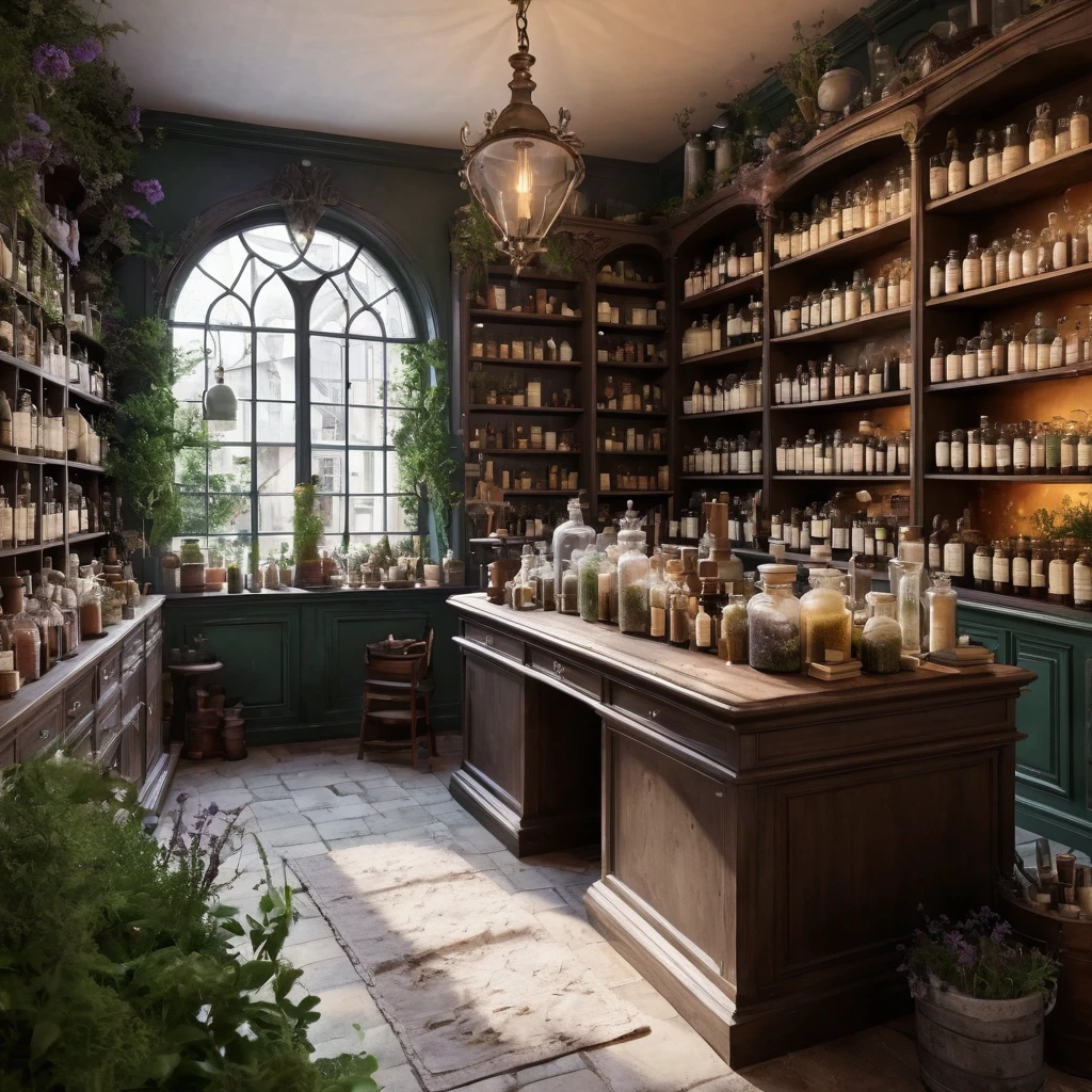 Create an incredibly imaginative and visually stunning image titled "Apothecary YouTube." Imagine a whimsical, magical apothecary shop set in a fantastical world, where an eclectic mix of potions, herbs, and mystical ingredients are displayed. The scene is a charming blend of old-world apothecary aesthetics and modern YouTube studio elements.
In the foreground, a charismatic apothecary with a hint of eccentricity is presenting a potion-making tutorial, surrounded by shelves filled with colorful bottles, glowing vials, and ancient books. The apothecary is dressed in a mix of traditional robes and modern accessories, like a stylish headset and a trendy apron with mystical symbols.
The background features a beautifully organized workspace, with a wooden counter cluttered with alchemical tools, magical artifacts, and ingredients like dragon scales, phoenix feathers, and enchanted flowers. A large, ornate mirror reflects the scene, adding depth and a touch of enchantment.
Floating around the apothecary are holographic screens displaying comments, likes, and views from the YouTube channel, blending seamlessly with the magical atmosphere. The shop is lit with a warm, inviting glow, enhanced by soft, colorful lights from the various potions and magical items.
The color palette should be rich and vibrant, with warm earth tones, bright potion colors, and soft, magical glows. Use detailed, whimsical lines to capture the intricate beauty and charm of the apothecary shop.
The entire image should evoke a sense of wonder, creativity, and the enchanting blend of magic and modernity, capturing the unique and captivating world of an apothecary YouTube channel.