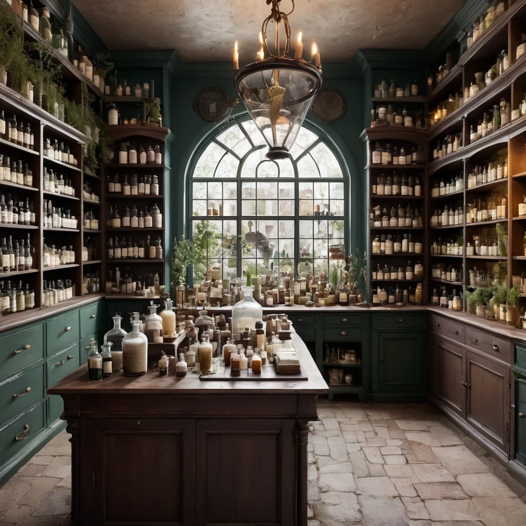 Create an incredibly imaginative and visually stunning image titled "Apothecary YouTube." Imagine a whimsical, magical apothecary shop set in a fantastical world, where an eclectic mix of potions, herbs, and mystical ingredients are displayed. The scene is a charming blend of old-world apothecary aesthetics and modern YouTube studio elements.
In the foreground, a charismatic apothecary with a hint of eccentricity is presenting a potion-making tutorial, surrounded by shelves filled with colorful bottles, glowing vials, and ancient books. The apothecary is dressed in a mix of traditional robes and modern accessories, like a stylish headset and a trendy apron with mystical symbols.
The background features a beautifully organized workspace, with a wooden counter cluttered with alchemical tools, magical artifacts, and ingredients like dragon scales, phoenix feathers, and enchanted flowers. A large, ornate mirror reflects the scene, adding depth and a touch of enchantment.
Floating around the apothecary are holographic screens displaying comments, likes, and views from the YouTube channel, blending seamlessly with the magical atmosphere. The shop is lit with a warm, inviting glow, enhanced by soft, colorful lights from the various potions and magical items.
The color palette should be rich and vibrant, with warm earth tones, bright potion colors, and soft, magical glows. Use detailed, whimsical lines to capture the intricate beauty and charm of the apothecary shop.
The entire image should evoke a sense of wonder, creativity, and the enchanting blend of magic and modernity, capturing the unique and captivating world of an apothecary YouTube channel.