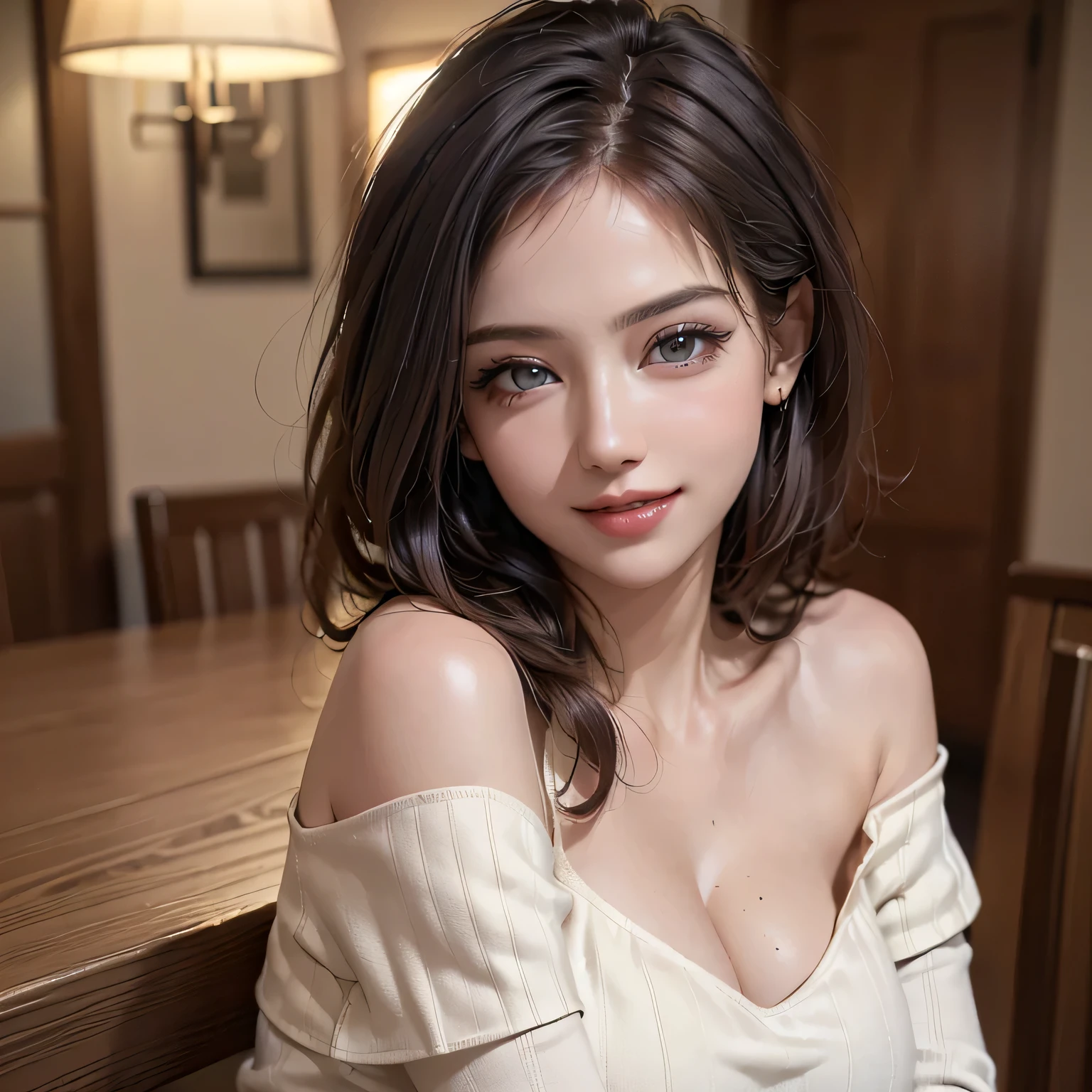 ((Realistic Light, Highest quality, 8k, Tabletop: 1.3)), (1 female), (solo), Slim body beauty: 1.4, Brown Hair, (((Super large: 1.3)), Off-the-shoulder cut top: 1.3, Highly detailed face, Beautiful Eyes, double eyelid, My Room, smile, Cleavage, Saggy breasts, (((beauty of Saggy breasts))