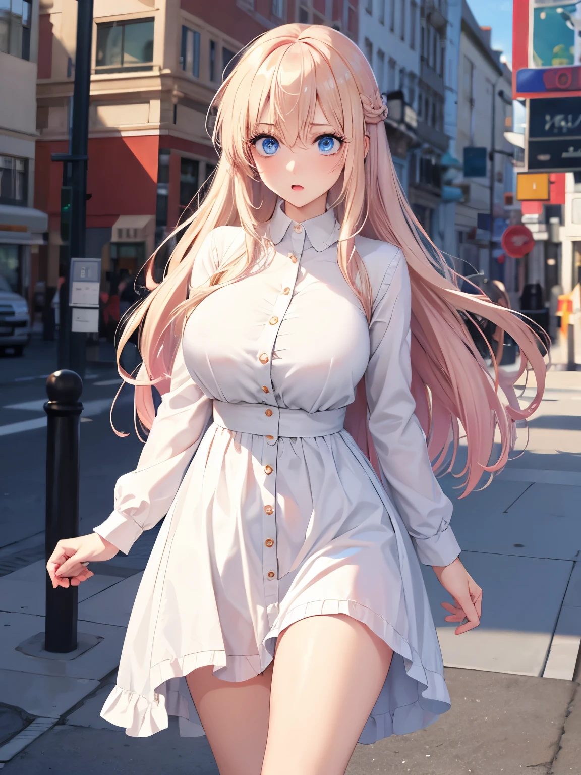1woman,walking ,blue eyes, Surprised expression,Beautiful makeup, long eyelashes,early in the morning,stunning,half body photo, very detailed face,cute,,HD face, perfect face,Short white dress, pink cardigan,very big breasts,Blonde hair,blonde hair,bangs,long hair, straight hair,ultra detail,ultra Hd, masterpiece,4k