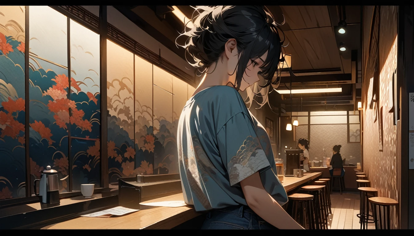 (((from behind))), (((whole body))), ((8k of extremely detailed CG unit, Masterpiece, high resolution, highest quality, highest quality real texture skin)), (((indirect lighting))), (((Cafe with a calm atmosphere))), (((Japanese pattern wall))), ((1 girl)), (Japanese pattern Tシャツ, denim), (Black hair, messy hair, beige skin), (Surreal, digital painting)