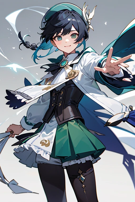 masterpiece, Highest quality, One boy, Masculine approach, Wind (Genshin Impact), harp, Black Hair, Have, smile, Braiding, Long sleeve, twin Braidings, Gradient Hair, Multicolored Hair, musical instrument, pantyhose, vision (Genshin Impact), bow, Shorts, Blue Hair, green Have, beret, white pantyhose, green Shorts, collared Cape, bangs, shirt, jewelry, Facing the audience, white shirt, brooch, Cape, Both have,  Frills袖, Frills, corset, Long hair short hair, (Gray background: 1.4),(KBXLL-san: 0.6) Huge erection and bulge