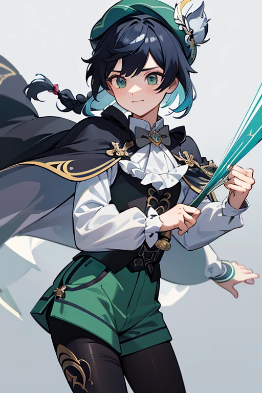 masterpiece, Highest quality, One boy, Masculine approach, Wind (Genshin Impact), harp, Black Hair, Have, smile, Braiding, Long sleeve, twin Braidings, Gradient Hair, Multicolored Hair, musical instrument, pantyhose, vision (Genshin Impact), bow, Shorts, Blue Hair, green Have, beret, white pantyhose, green Shorts, collared Cape, bangs, shirt, jewelry, Facing the audience, white shirt, brooch, Cape, Both have,  Frills袖, Frills, corset, Long hair short hair, (Gray background: 1.4),(KBXLL-san: 0.6) Huge erection and bulge