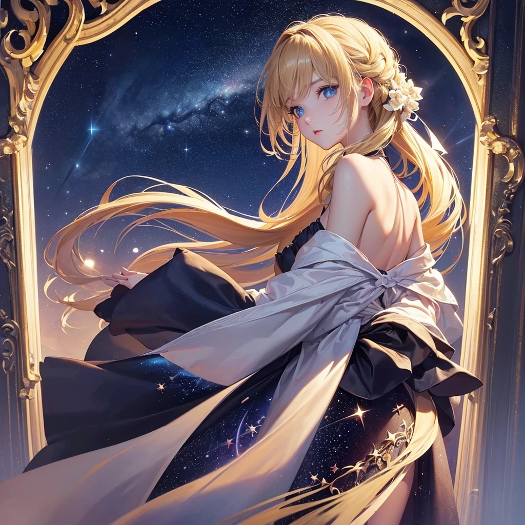(masterpiece、top-quality、top-quality、Official art、(Beautifully Aesthetic:1.2)、(1girl in:1.3、(((Delicat eyes)))、Night Road、starrysky、a blond
